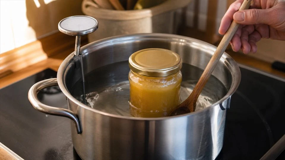 Illustration: to liquefy without damaging the honey, use a bain-marie below 40 °C.