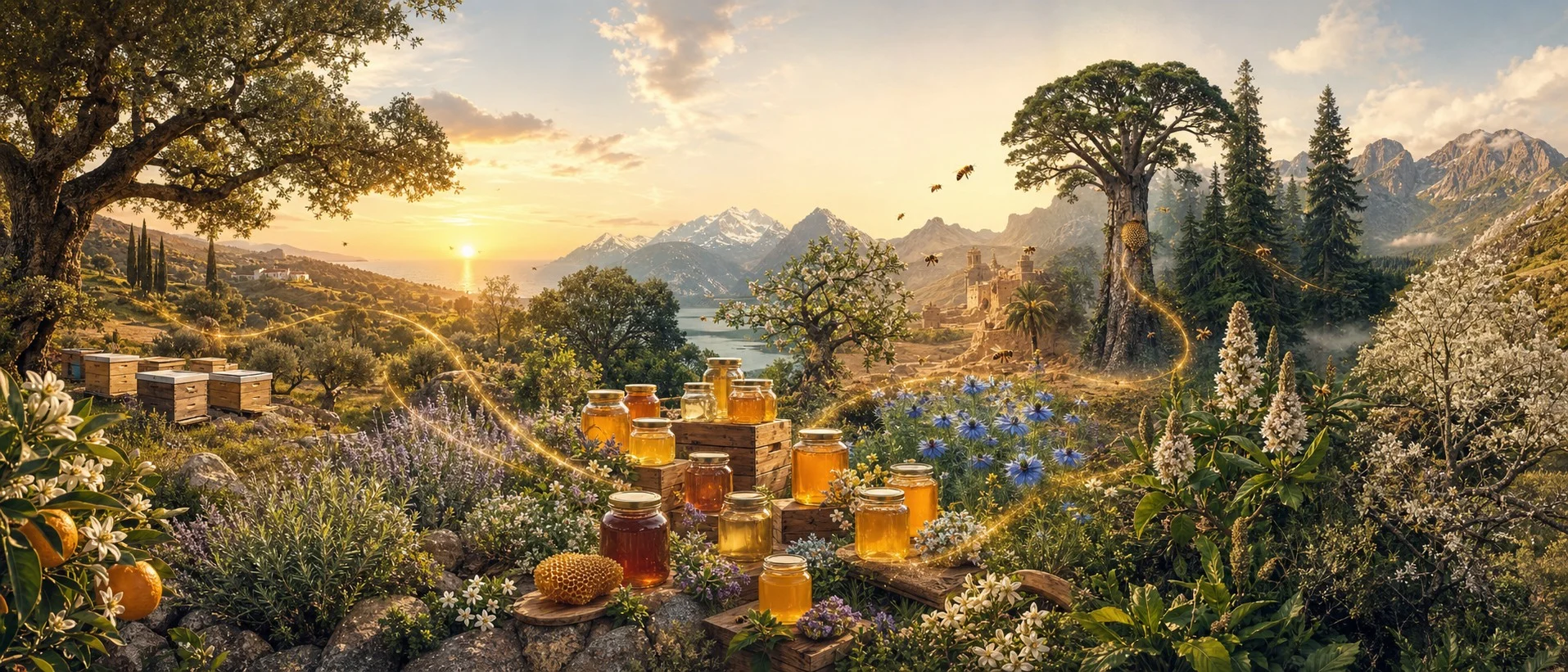 Panorama de paisajes apícolas de España y seis orígenes internacionales de miel