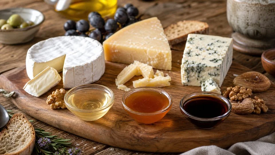 Illustration: cheeses served with honeys of differing intensity.