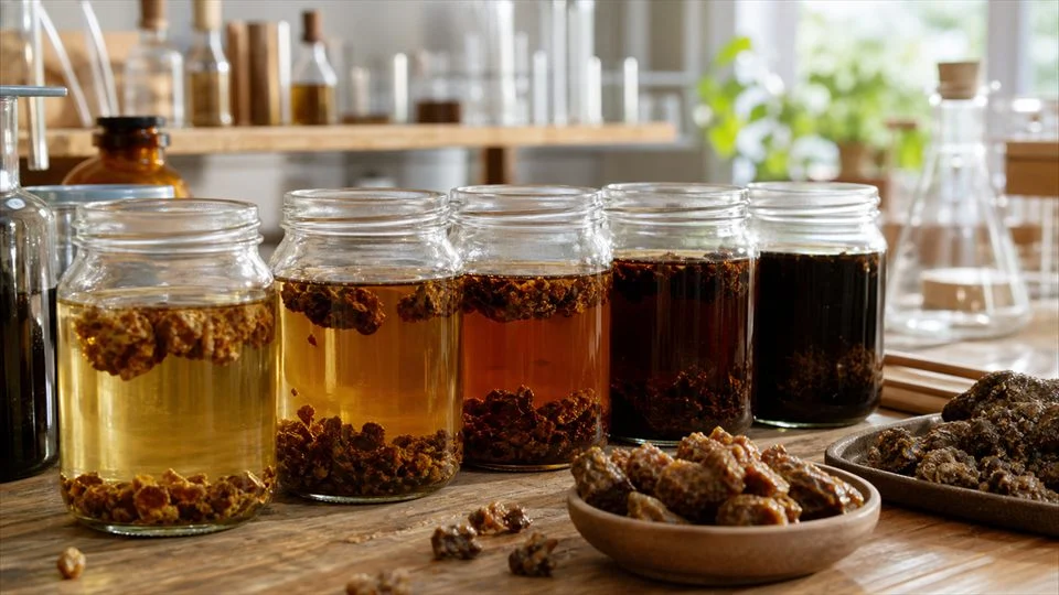 Illustration: in a propolis extract, a dark colour does not indicate concentration.