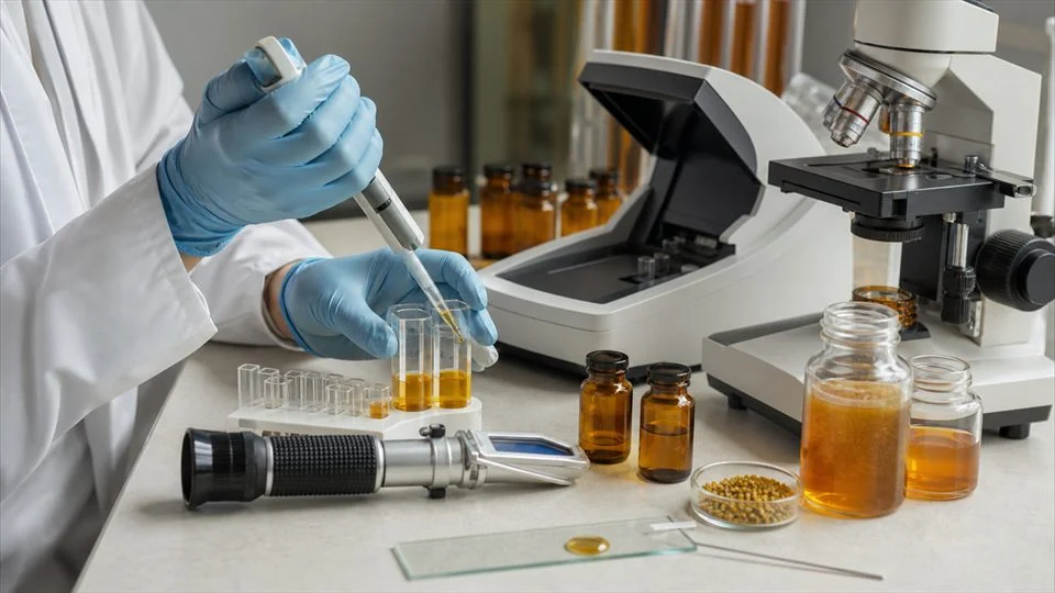 Illustration: usual parameters of a honey analysis: HMF, moisture and diastase activity.