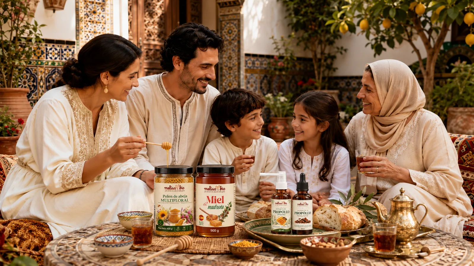 Familia compartiendo un desayuno con productos Melisa